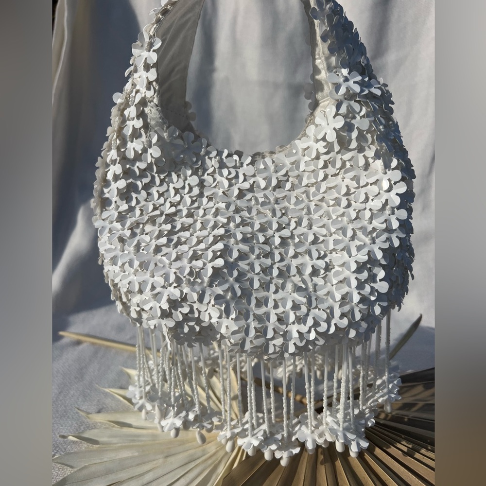 Viral Handmade White Dimensional Flower Sequin Hobo Bag w/ Flower Fringe NWT